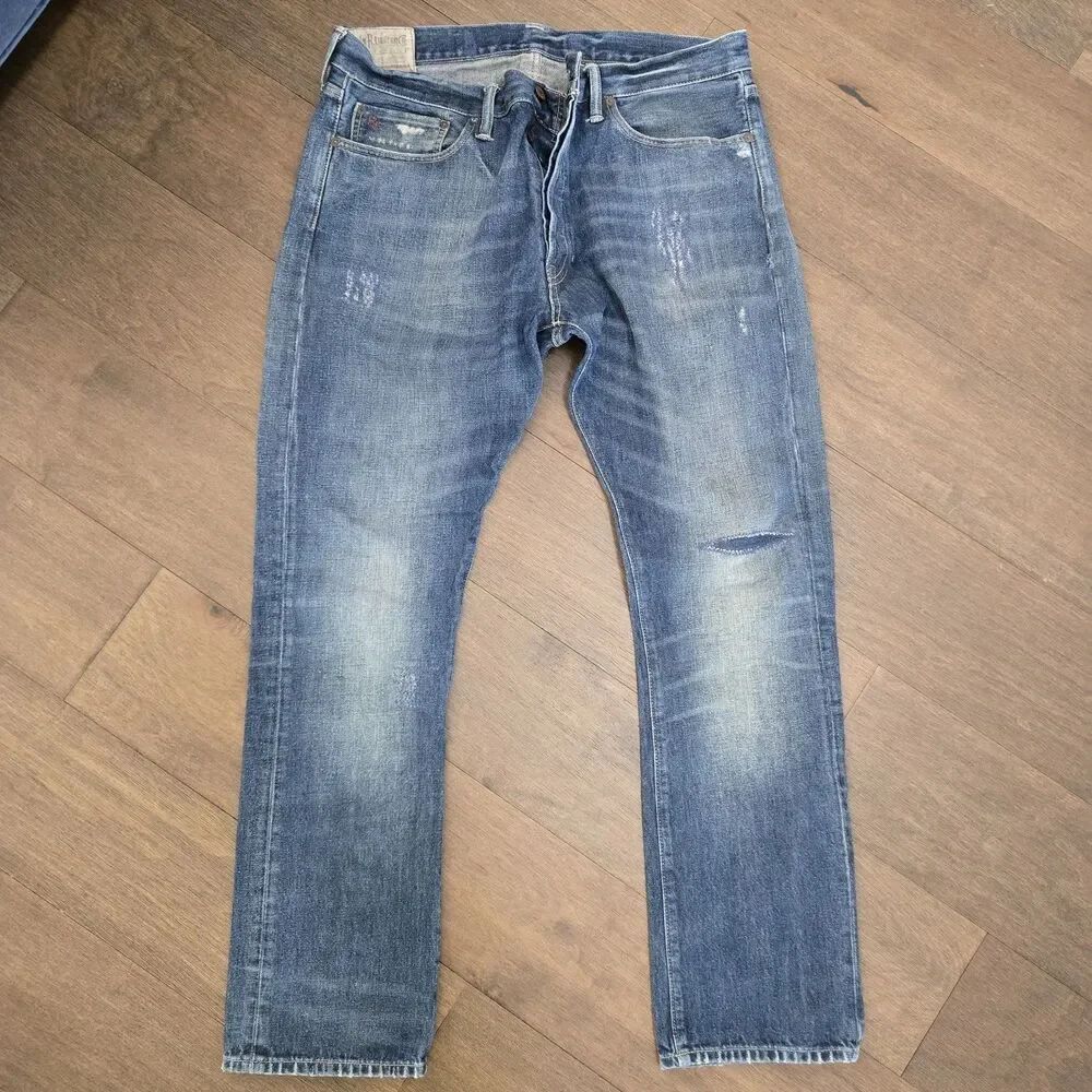 Ralph Lauren Denim Men's Slim Bootcut Denim Blue Jeans 36 X 30 Faded Whiskered